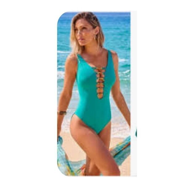 Bleu Rod Beattie Parade Found Plunge Beaded One Piece Swimsuit Size 8 - Picture 3 of 7